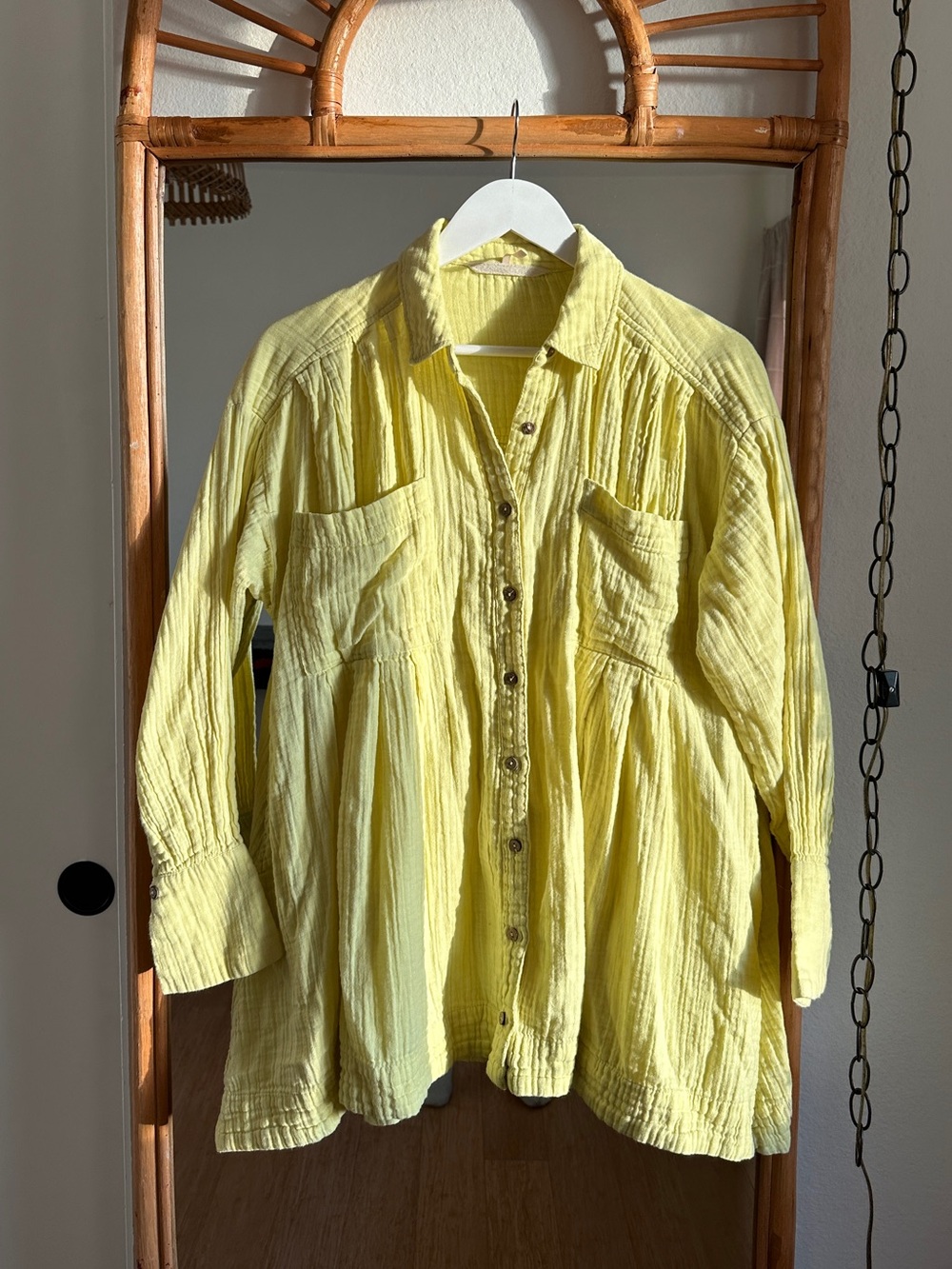 Free People Lemon Yellow Button-Down Gauze Shirt